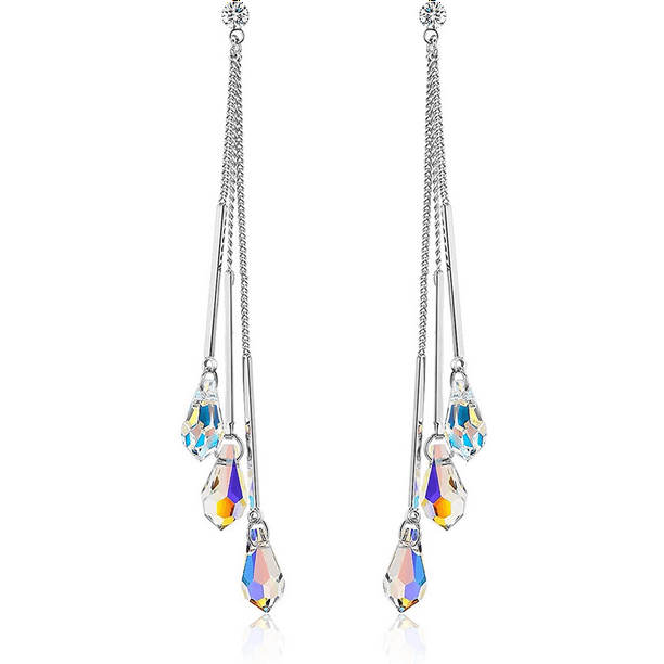 14k White Gold Plated Aurora Borealis Drop Tear Multicolor Crystal Tear Drop Cut Stud Dangle Earrings For Women & Girls