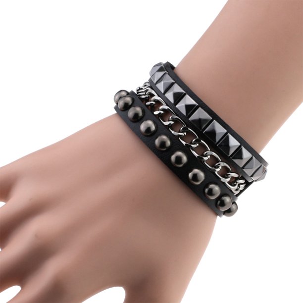 Goth Punk Bracelet Leather Spike Stud Wristband Multilayer Chain Rivets Bracelet