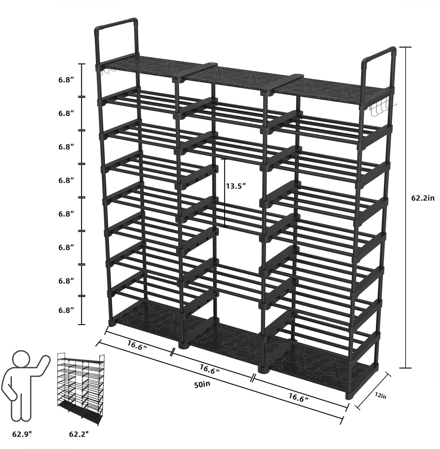 Large Metal Shoe Rack, 50-55 Pairs w/ Hooks-Black