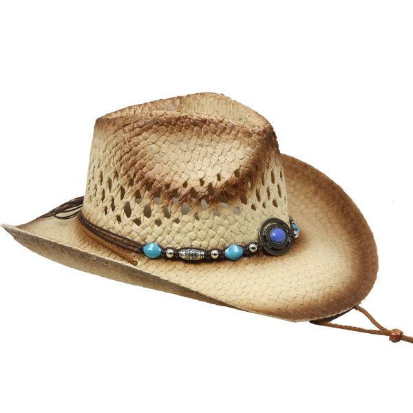 Tea Stain Straw COWBOY HAT for Women w/ Turquoise Blue Beads