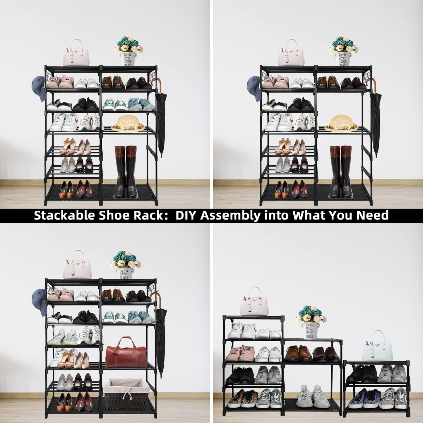 Large Metal Shoe Rack, 50-55 Pairs w/ Hooks-Black
