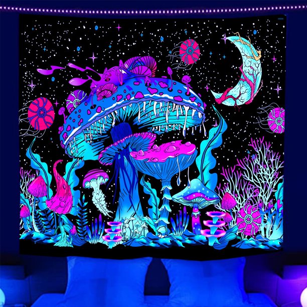 Blacklight Mushroom Tapestry Wall Monster Hanging for Bedroom, Living Room Decoration 59"x51"