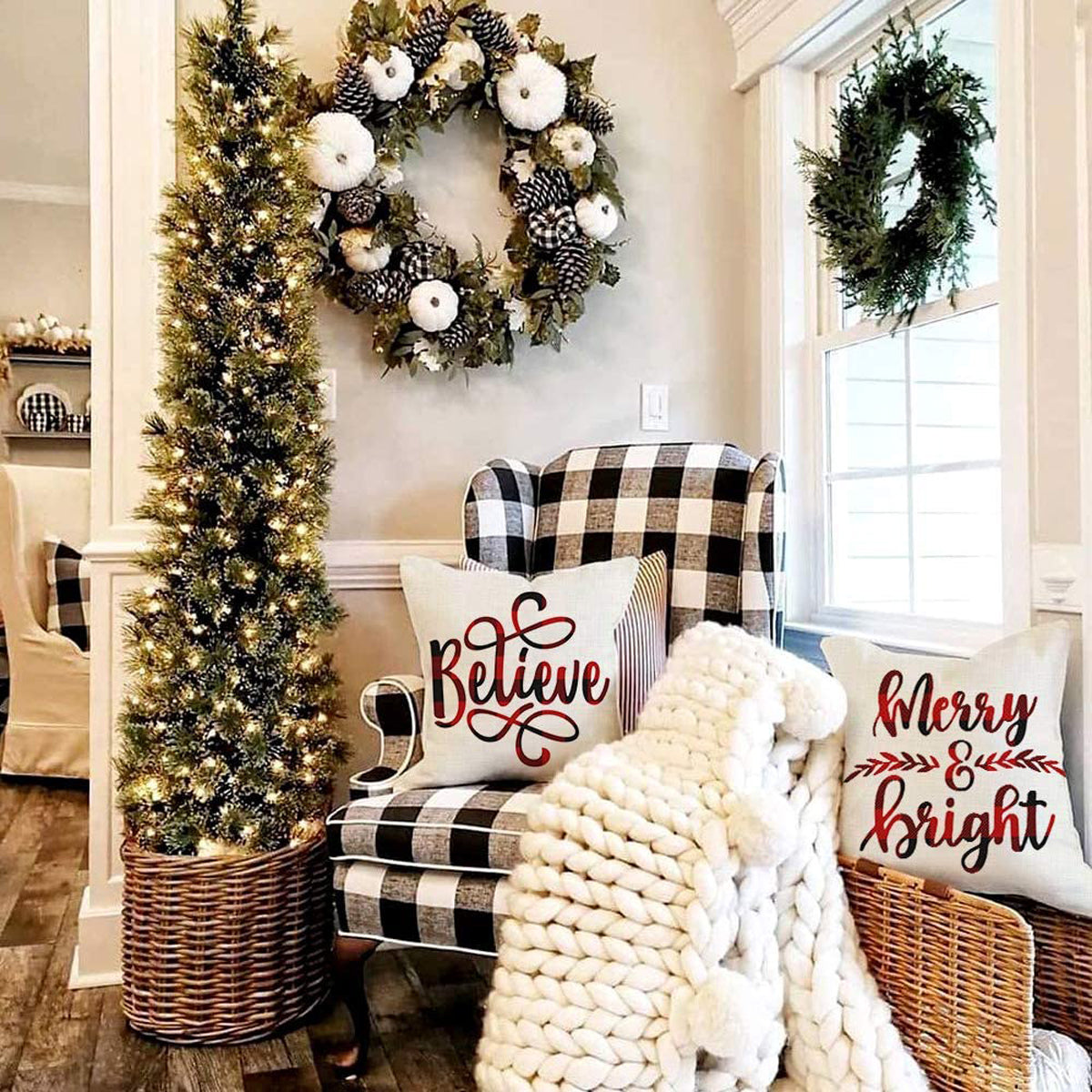 18" x 18" Farmhouse Beige Christmas tree Polyester Decorative Pillow Cover, (4 Count)