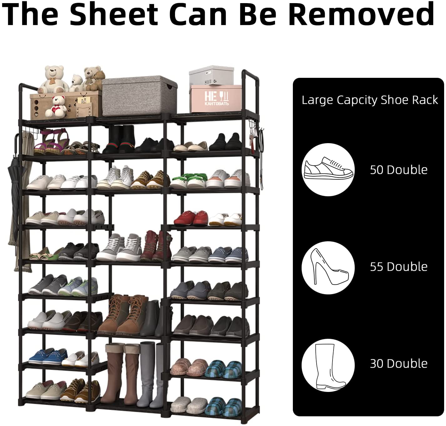 Large Metal Shoe Rack, 50-55 Pairs w/ Hooks-Black