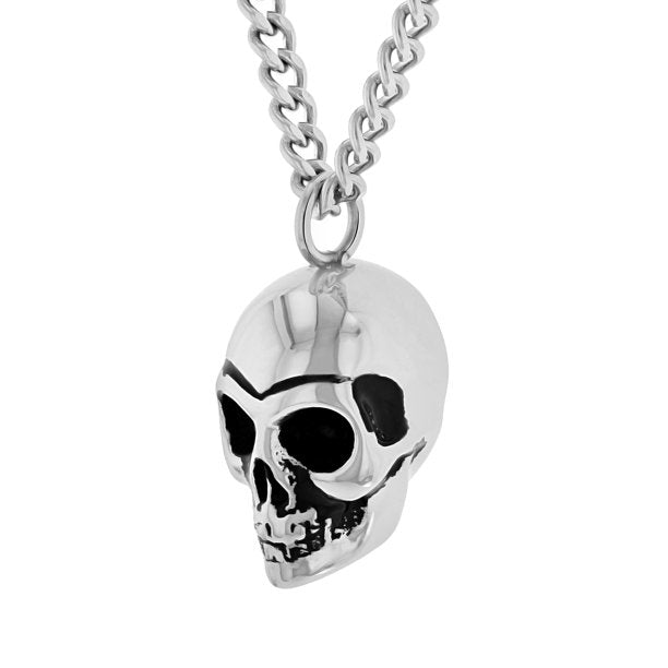 Men’s Polished Stainless Steel Solid Human Skull Pendant Necklace