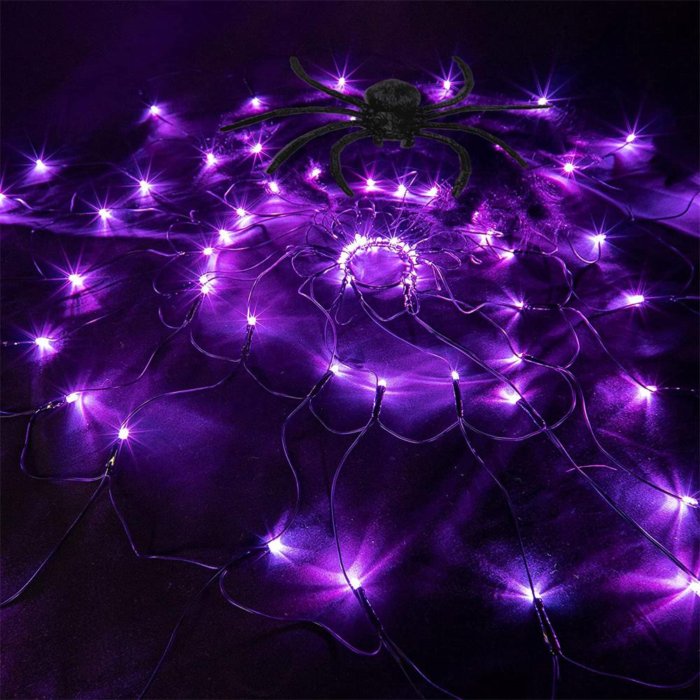 60 LED Halloween Spider Net Web String Lights w/ Black Spider