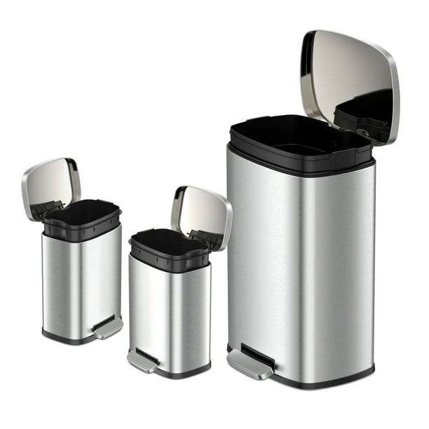 Silver Rectangular Step Garbage Can 3 Piece Combo