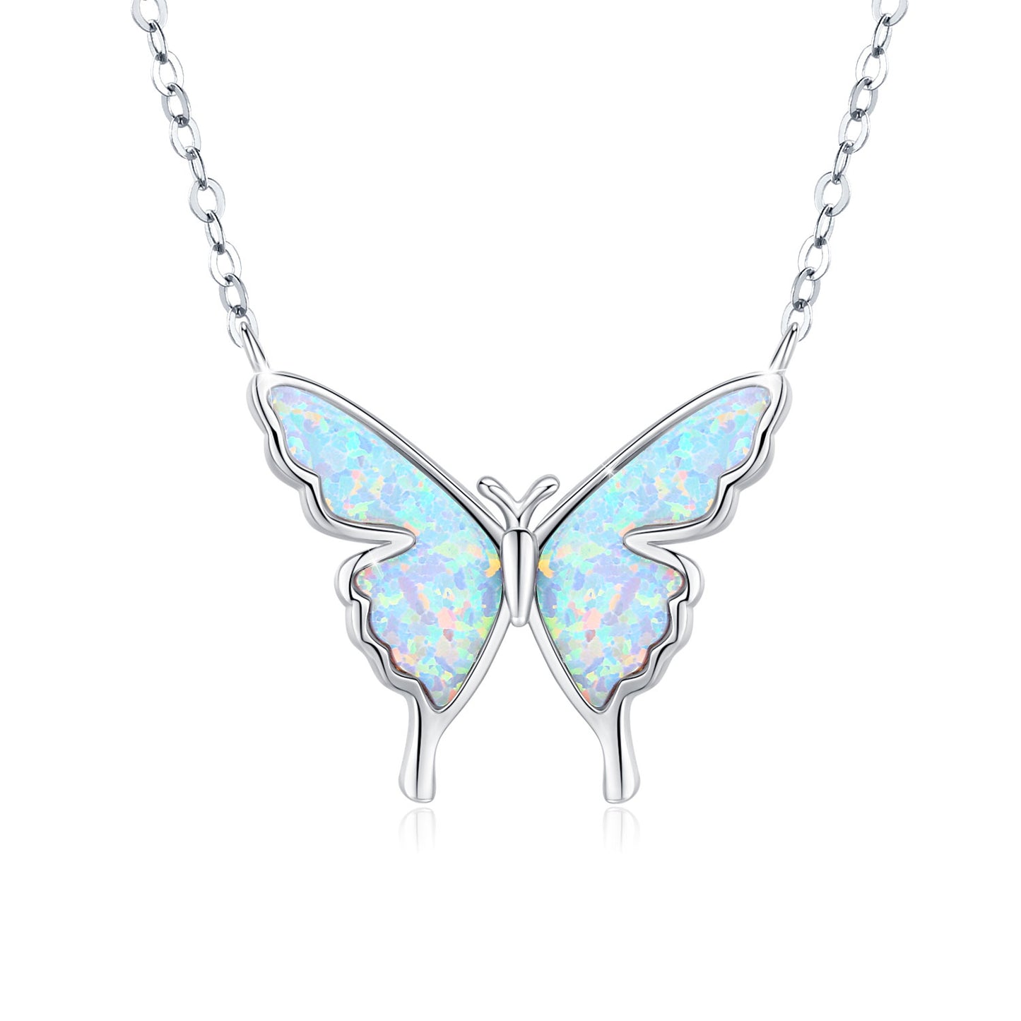 Opal Butterfly Necklace for Women, White Gold Plated Hypoallergenic Sterling Silver 18''