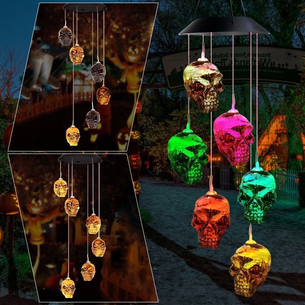 LED Solar Powered Home Skull Decoration Windchime Lights, Waterproof Outdoor