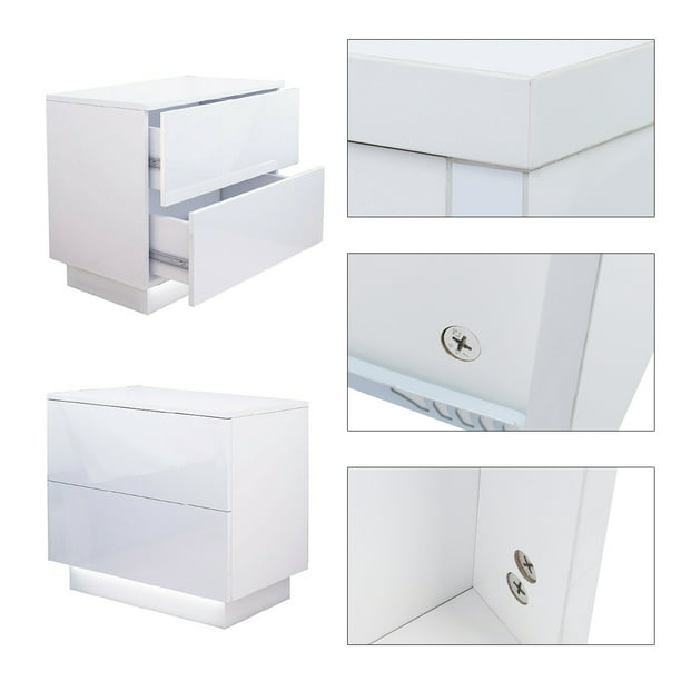 1/2 Pieces LED Nightstand 2 Drawers Bedside End Table w/ Remote RGB LED Light, High Gloss Wooden