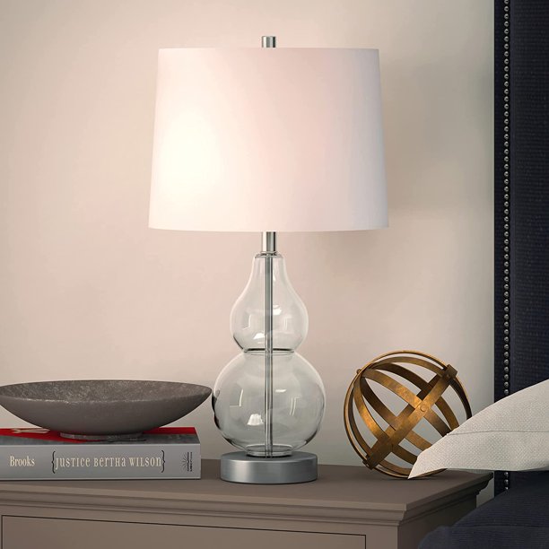 Petite Table Lamp with Fabric Shade in Clear Glass/Satin Nickel/White Table Lamp Clear Glass 21" Tall