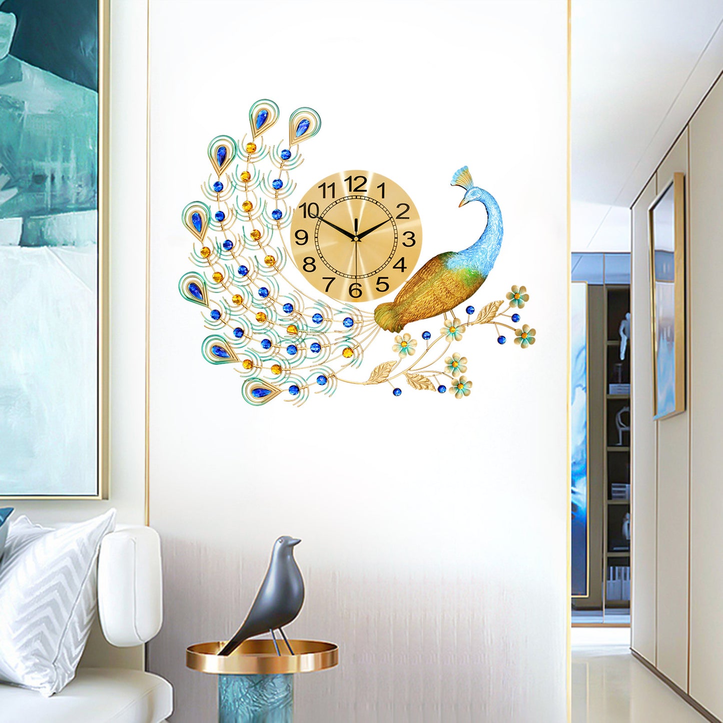 Pea-Cock Wall Clocks Luxury 3D Crystal Quartz Home Decoration