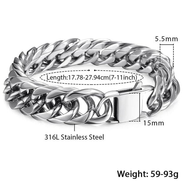 15mm Wide 9 inch Curb Cuban Rombo Mens 316L Stainless Steel Chain Bracelet Silver