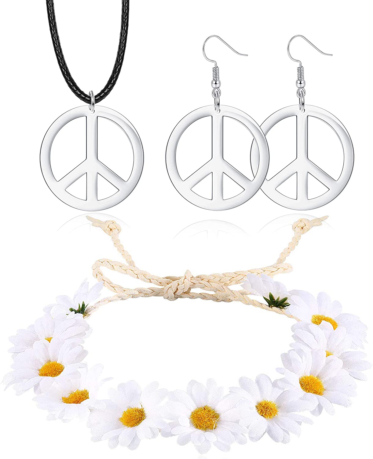 Hippie Costume Set, Peace Sign Necklace, Peace Sign Earrings, Flower Crown Headband Jewelry Accessories