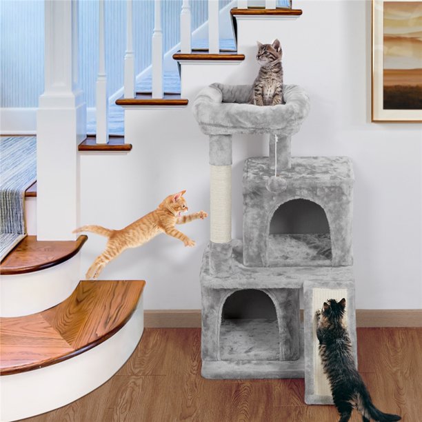 36'' H Cat Tree Tower House with Double Condos Scratching Posts Sisal Rope Furry Ball for Cats and Kittens, Light Gray