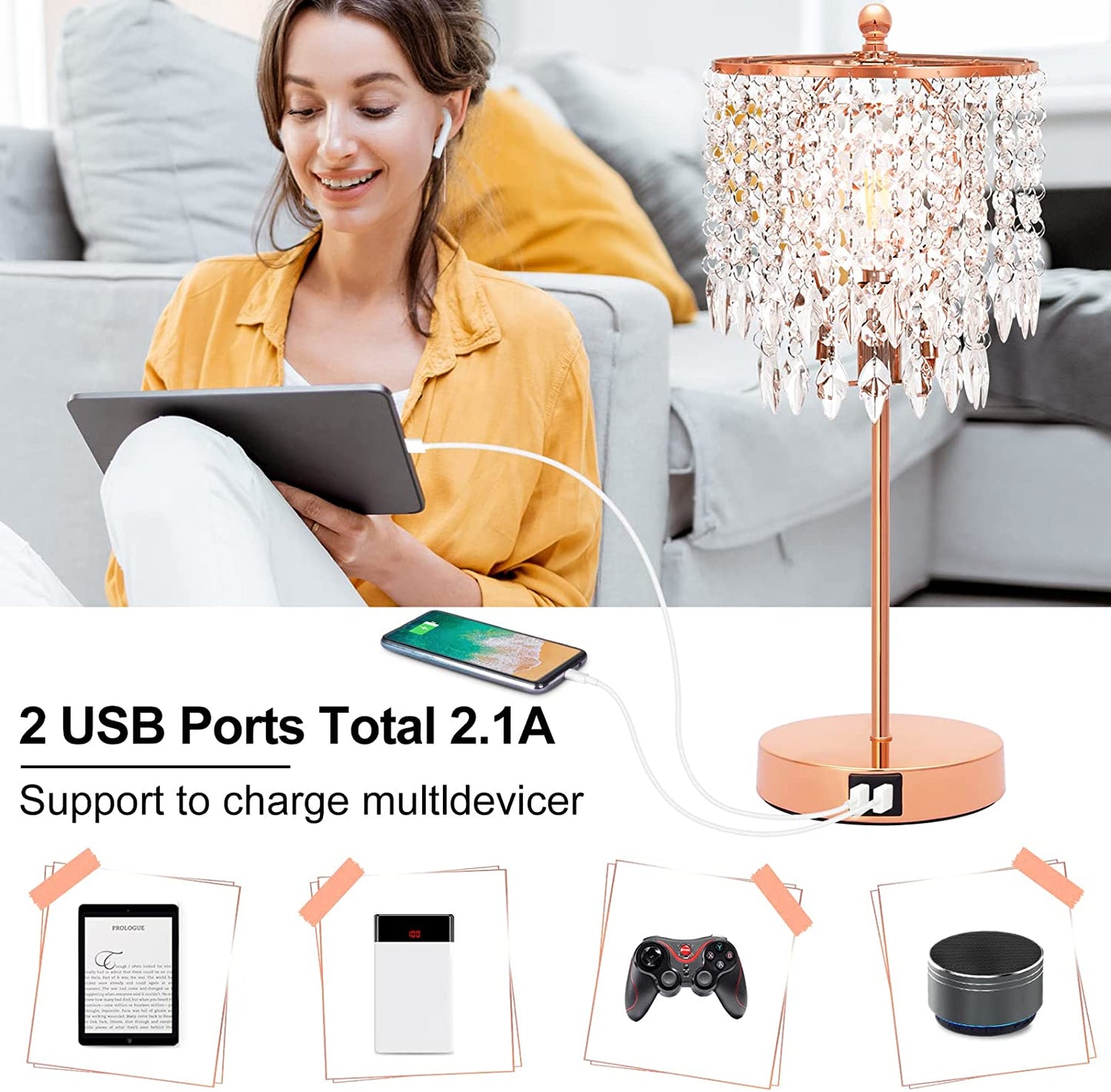 Crystal Touch Control Table Lamp w/ 2 USB Charging Ports