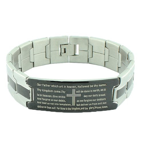 Stainless Steel Black Silver-Tone Religious Cross English Prayer Men's Bracelet