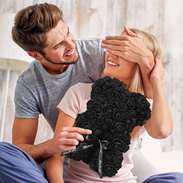 Black Foam Rose Flower Teddy Bear Artificial Decoration Valentines Gift