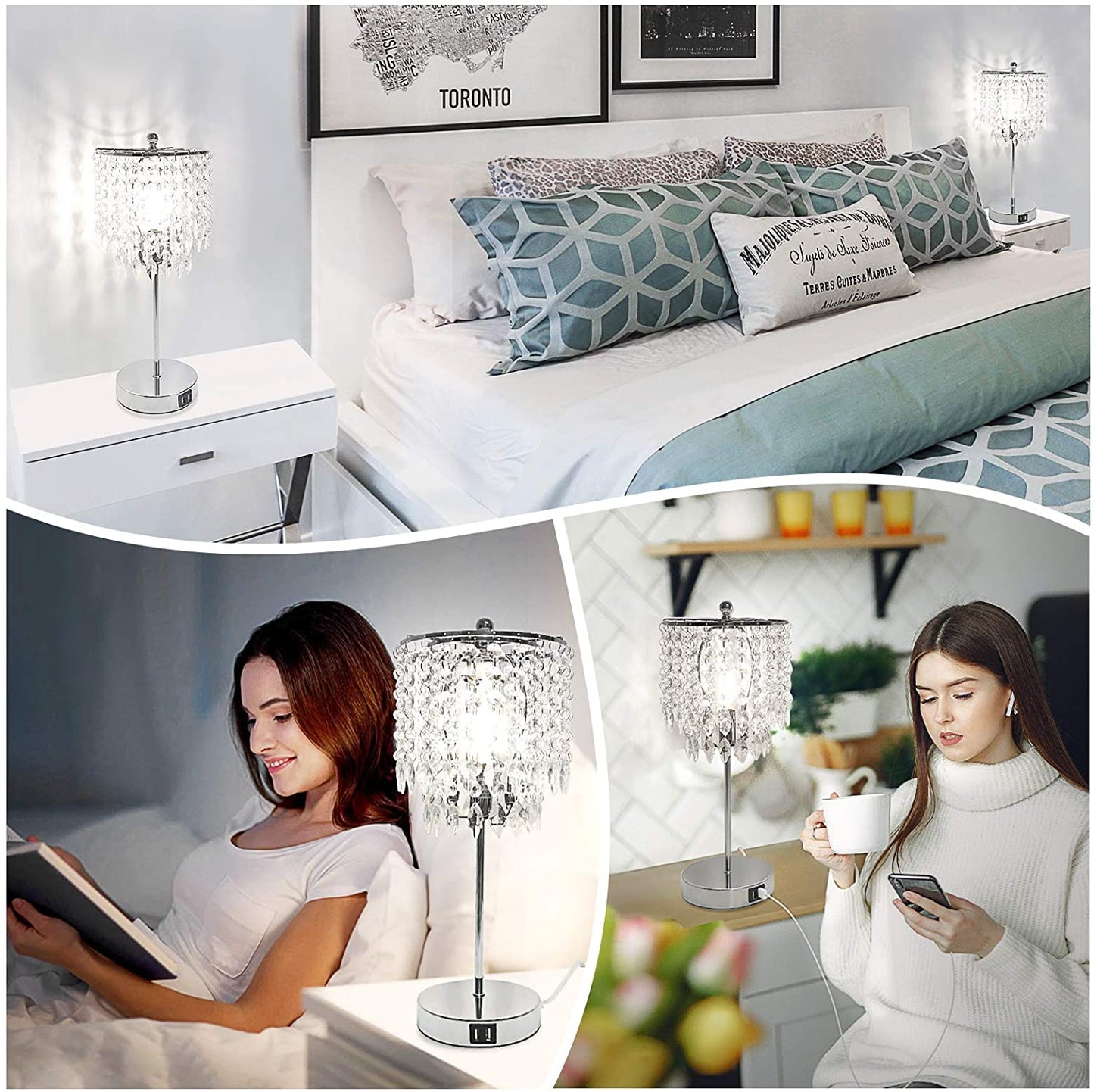 Crystal Touch Control Table Lamp w/ 2 USB Charging Ports