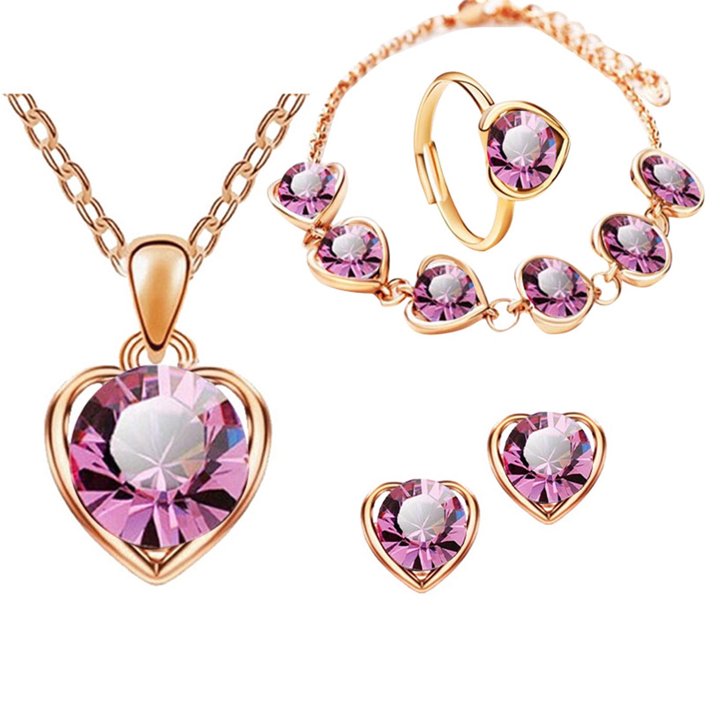 Crystal Heart Necklace Earrings Ring Bracelet Set for Women