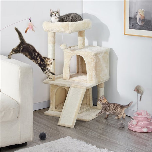 36'' H Cat Tree Tower Cat House with Double Condos Scratching Posts Sisal Rope Furry Ball for Cats and Kittens, Beige