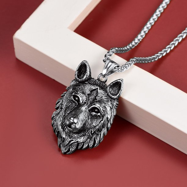 Norse Viking Wolf Pendant Necklace for Men Stainless Steel Scandinavia Jewelry Amulet - Silver