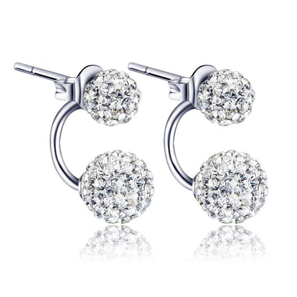 1 Pair Women Jewelry Silver Double Beaded Rhinestone Crystal Stud Earrings