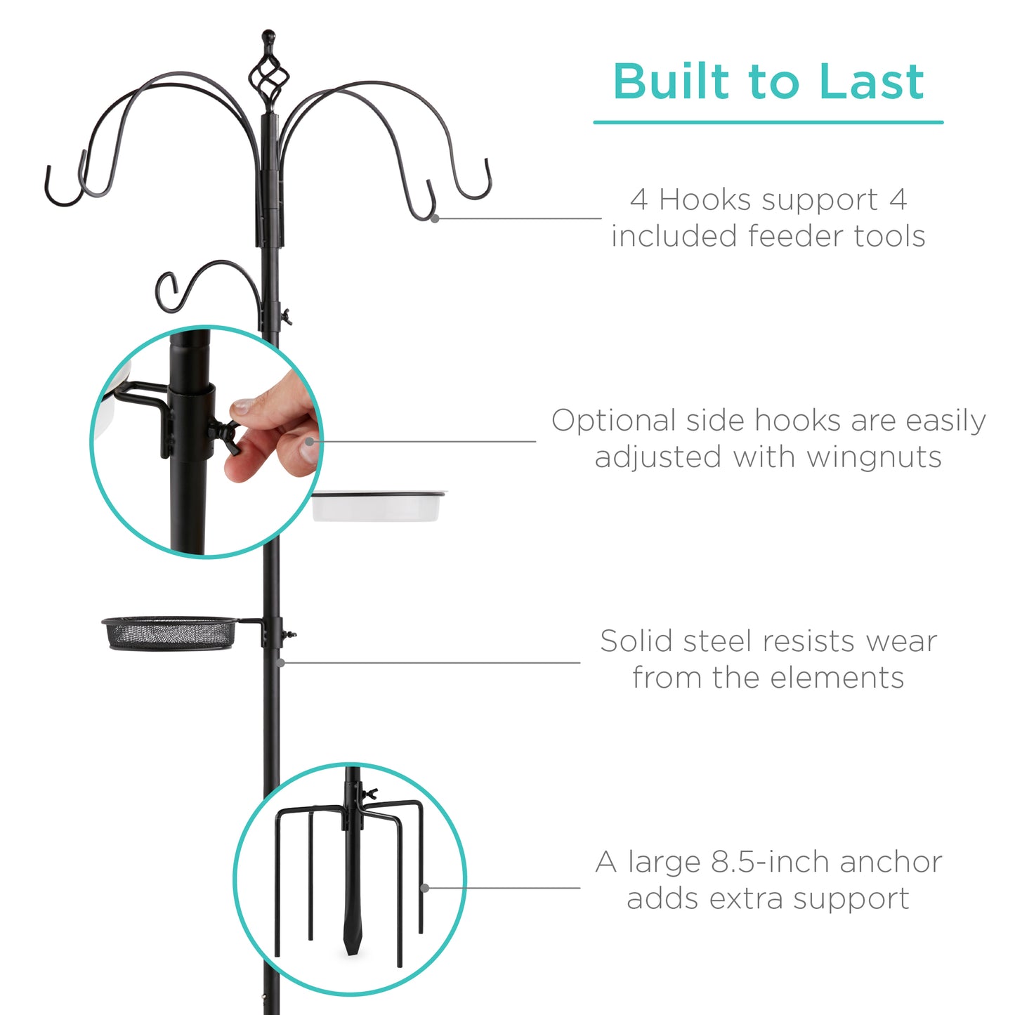 6-Hook Bird Feeding Station, Steel Multi-Feeder Stand w/ 4 Feeders, Tray, Bird Bath