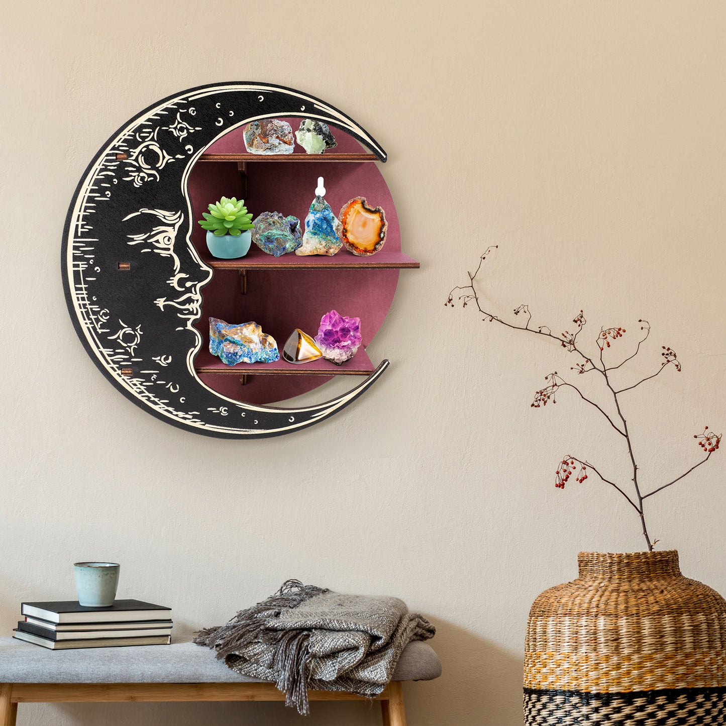 Rustic Wooden Crescent Moon Shelf