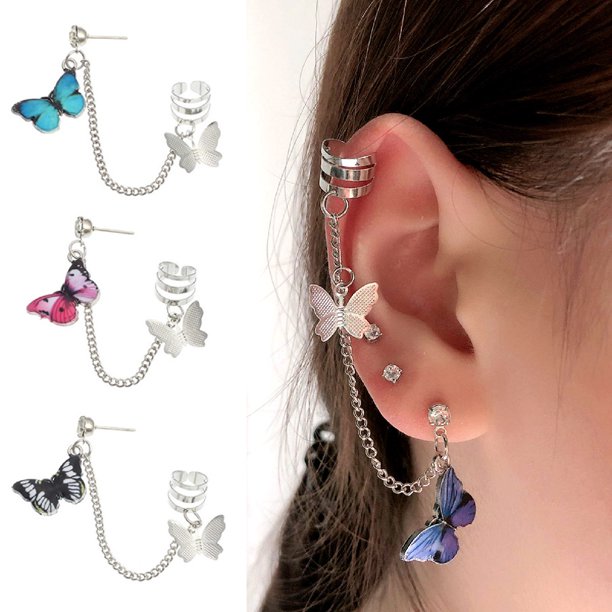 Blue Women Earring,1 Pack Punk Butterfly Dangle Ear Cuff Clip Chain Stud Earring Party Jewelry