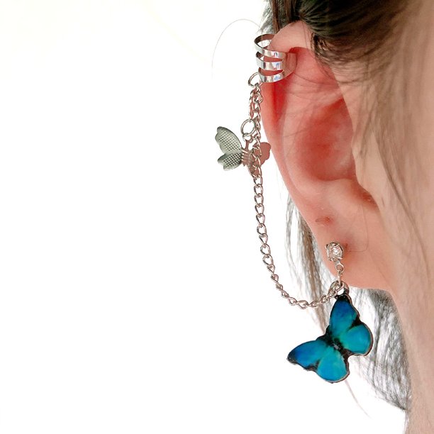 Blue Women Earring,1 Pack Punk Butterfly Dangle Ear Cuff Clip Chain Stud Earring Party Jewelry