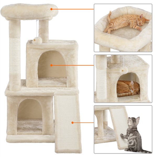 36'' H Cat Tree Tower Cat House with Double Condos Scratching Posts Sisal Rope Furry Ball for Cats and Kittens, Beige