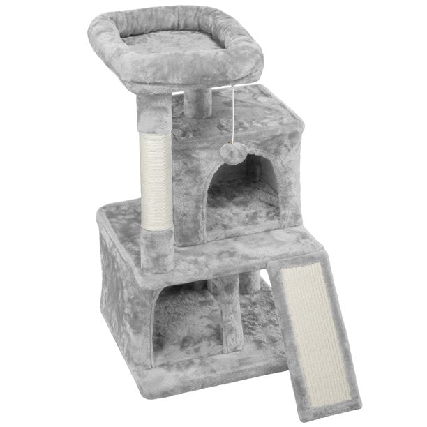 36'' H Cat Tree Tower House with Double Condos Scratching Posts Sisal Rope Furry Ball for Cats and Kittens, Light Gray