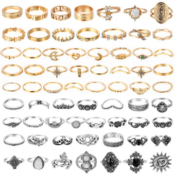 69Pcs Vintage Knuckle Snake Chain Chunky Dome Crystal Carved Stackable Finger Joint Rings Set