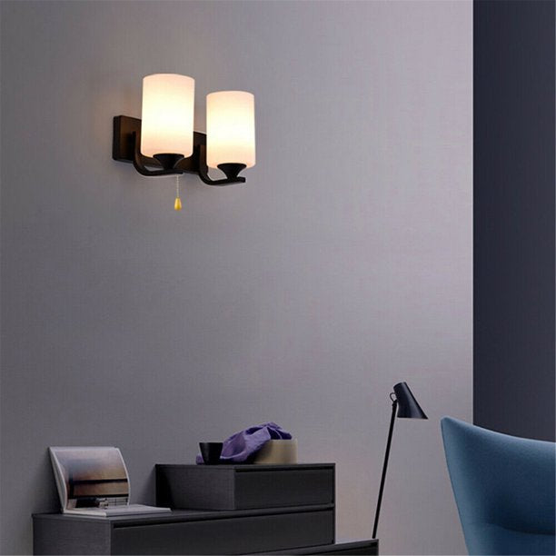 Double LED Light Wall Sconce Lamp E26 Glass Lighting Fixture With Pull Switch