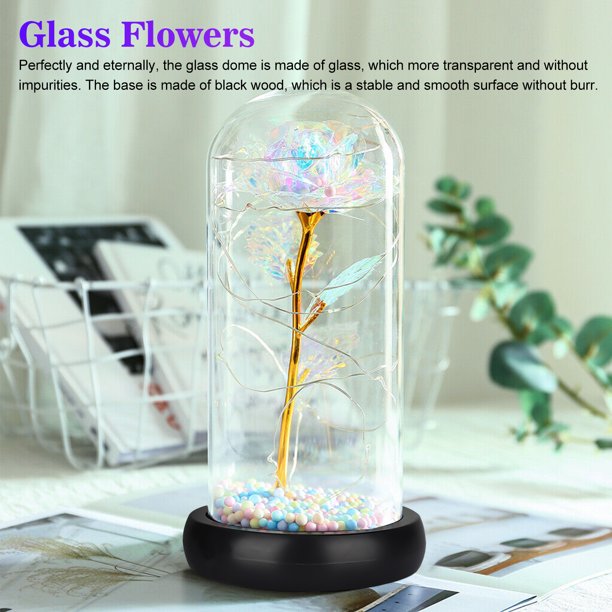 Colorful Galaxy Rose Flower Gift in Glass Dome, Artificial Flower Rose w/ LED Light String