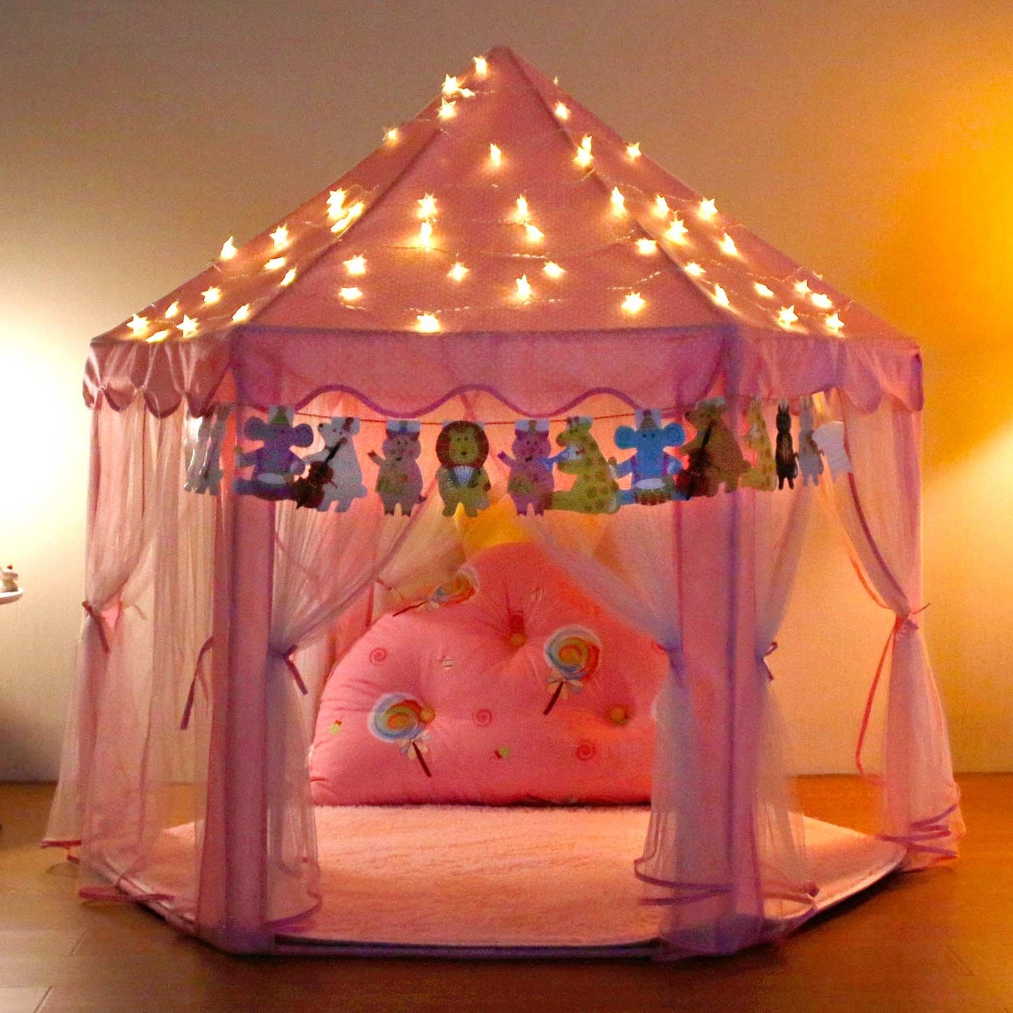 Hexagon Princess Castle Play Tent Indoor for Kids Gift w/ Star Lights