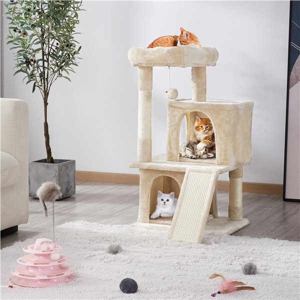 36'' H Cat Tree Tower Cat House with Double Condos Scratching Posts Sisal Rope Furry Ball for Cats and Kittens, Beige