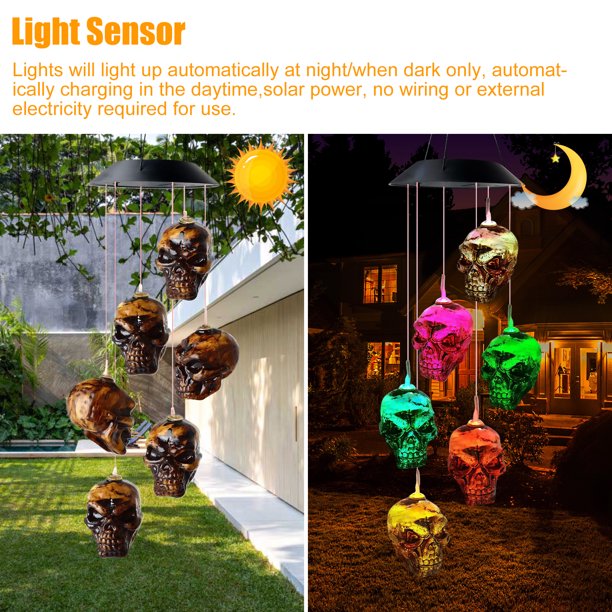 LED Solar Powered Home Skull Decoration Windchime Lights, Waterproof Outdoor