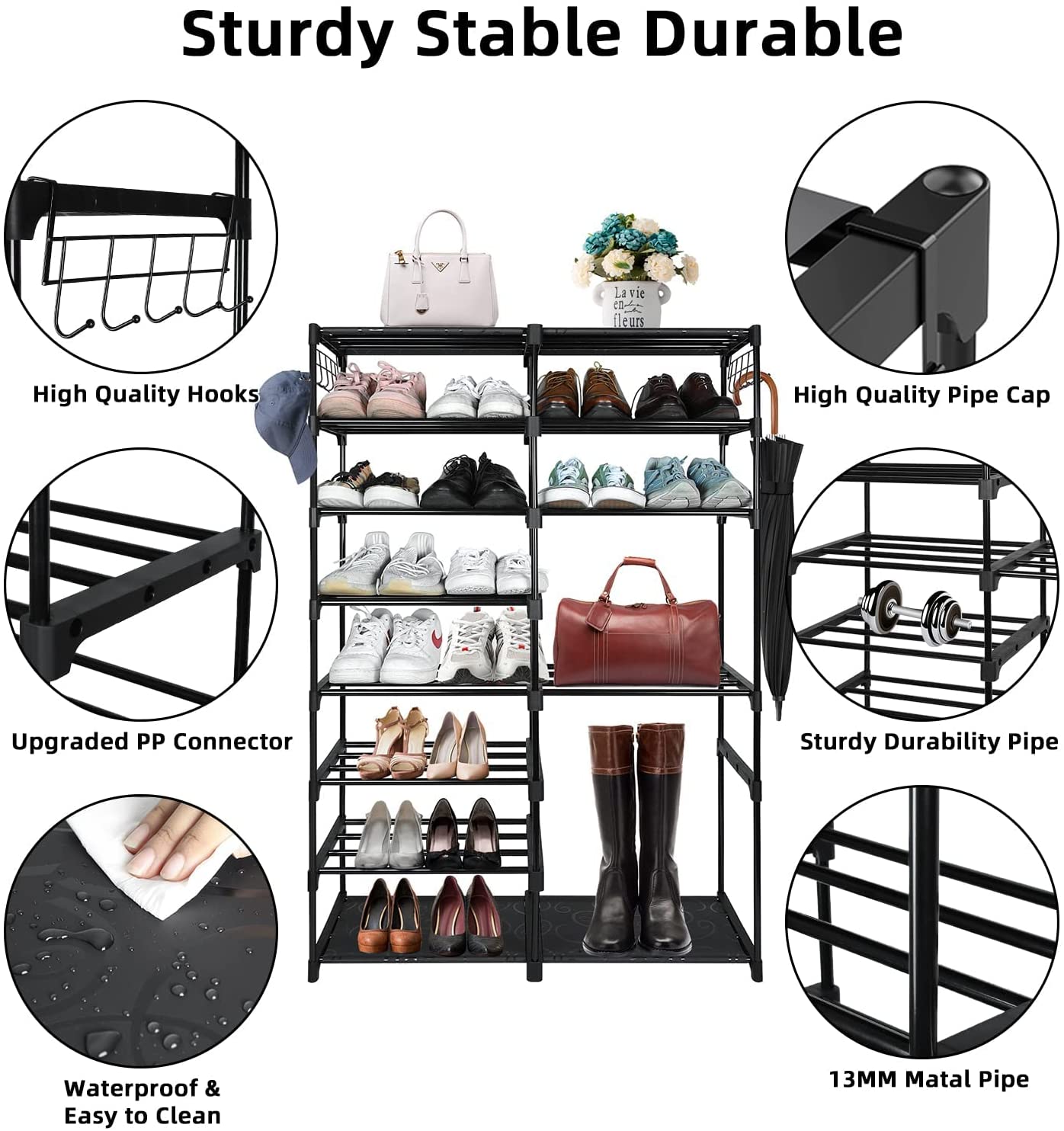 Large Metal Shoe Rack, 50-55 Pairs w/ Hooks-Black