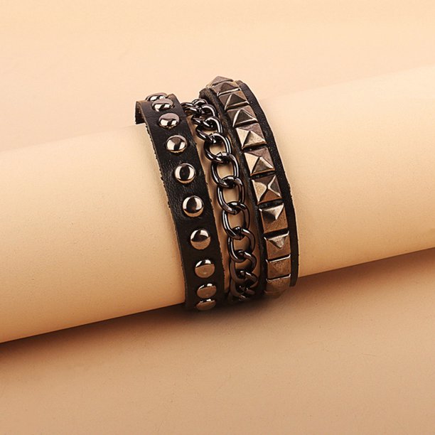 Goth Punk Bracelet Leather Spike Stud Wristband Multilayer Chain Rivets Bracelet