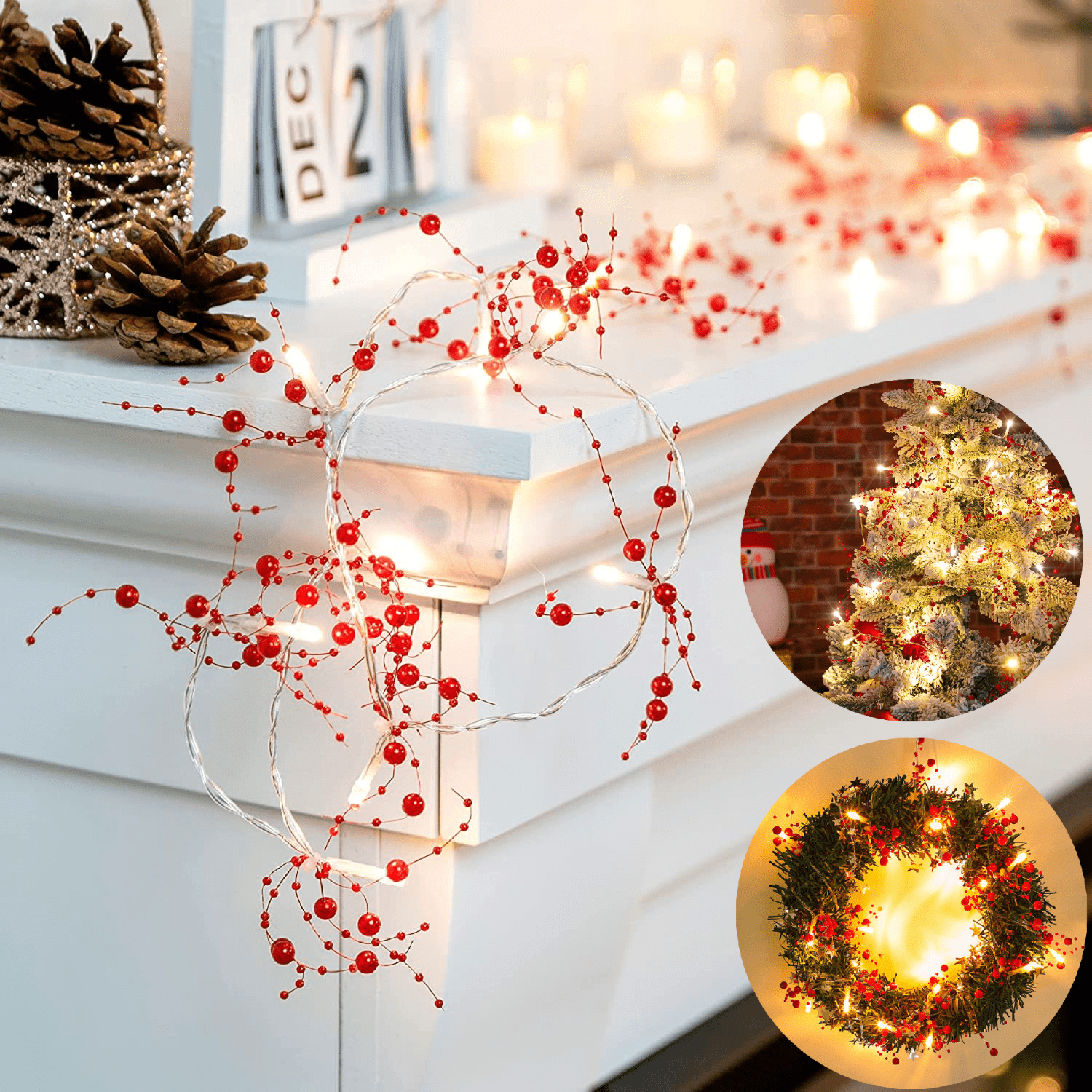 30 LEDs Lighted Berry Beaded Garland Fairy Light Christmas Decoration