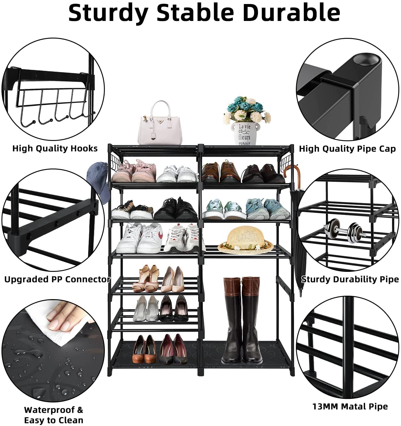 Large Metal Shoe Rack, 50-55 Pairs w/ Hooks-Black