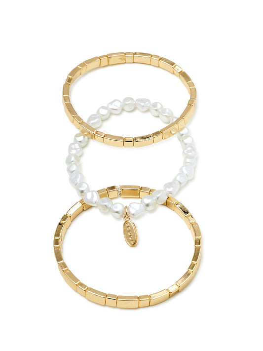 Scoop Women’s Faux Pearl &14K Gold Flash-Plated Stretch Bracelet, 3-Piece Set