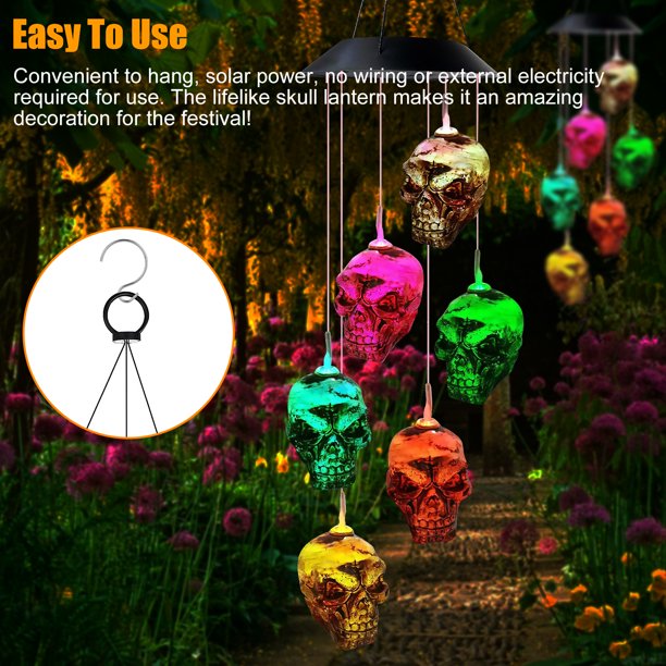 LED Solar Powered Home Skull Decoration Windchime Lights, Waterproof Outdoor