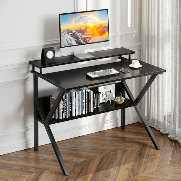 Small Computer Desk, 27.5 inch Home Office Study Writing Table with Monitor Storage Shelf, Modern Simple Style, Black