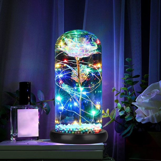 Colorful Galaxy Rose Flower Gift in Glass Dome, Artificial Flower Rose w/ LED Light String