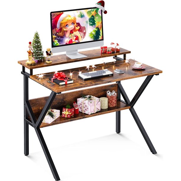 Small Computer Desk, 27.5" Desk for Small Spaces with Storage, Compact Table with Monitor & Storage Shelves for Home Office, Modern Style Laptop Desk, Vintage