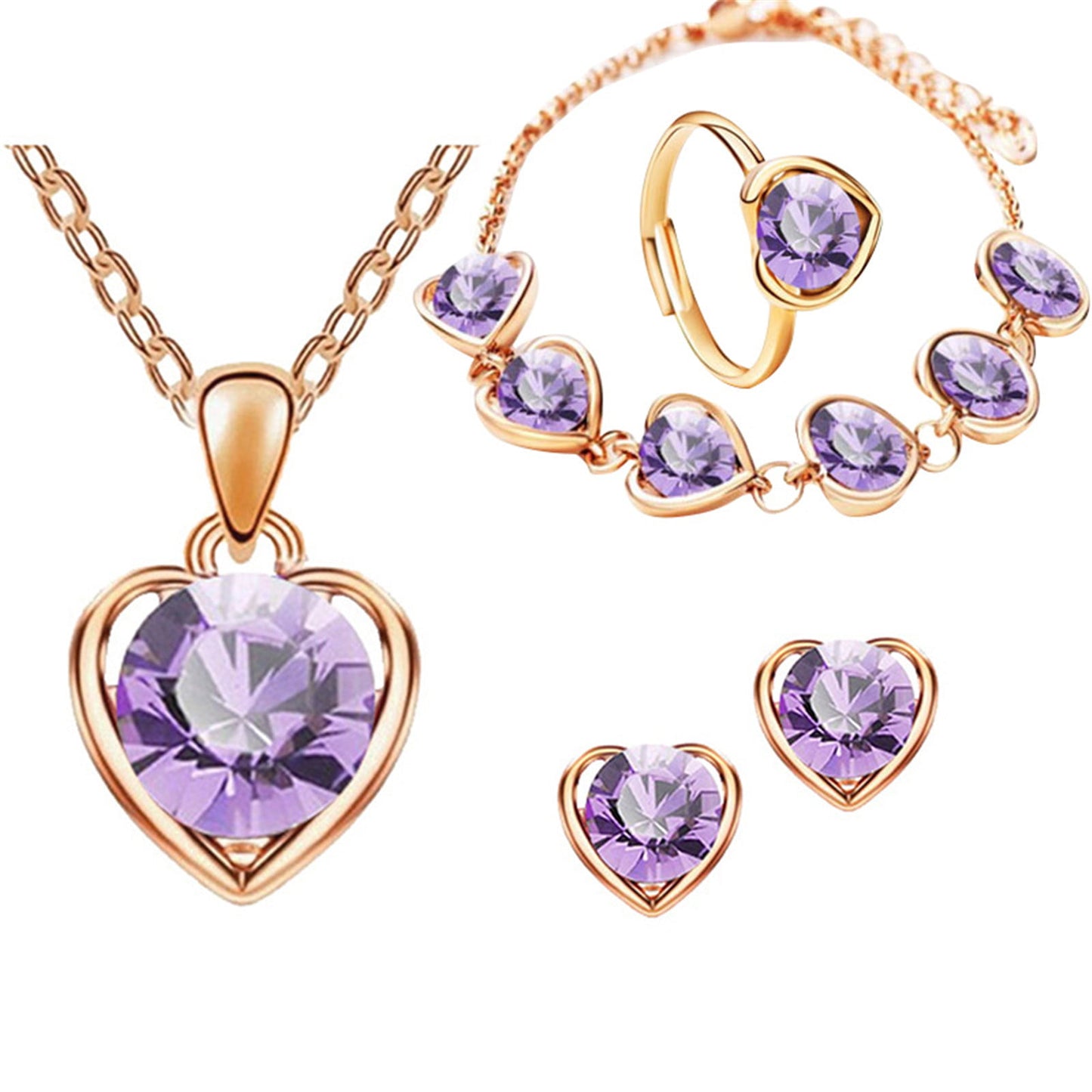Crystal Heart Necklace Earrings Ring Bracelet Set for Women
