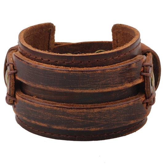 Men's Punk Rock Leather Wide Cuff Wristband Bracelet